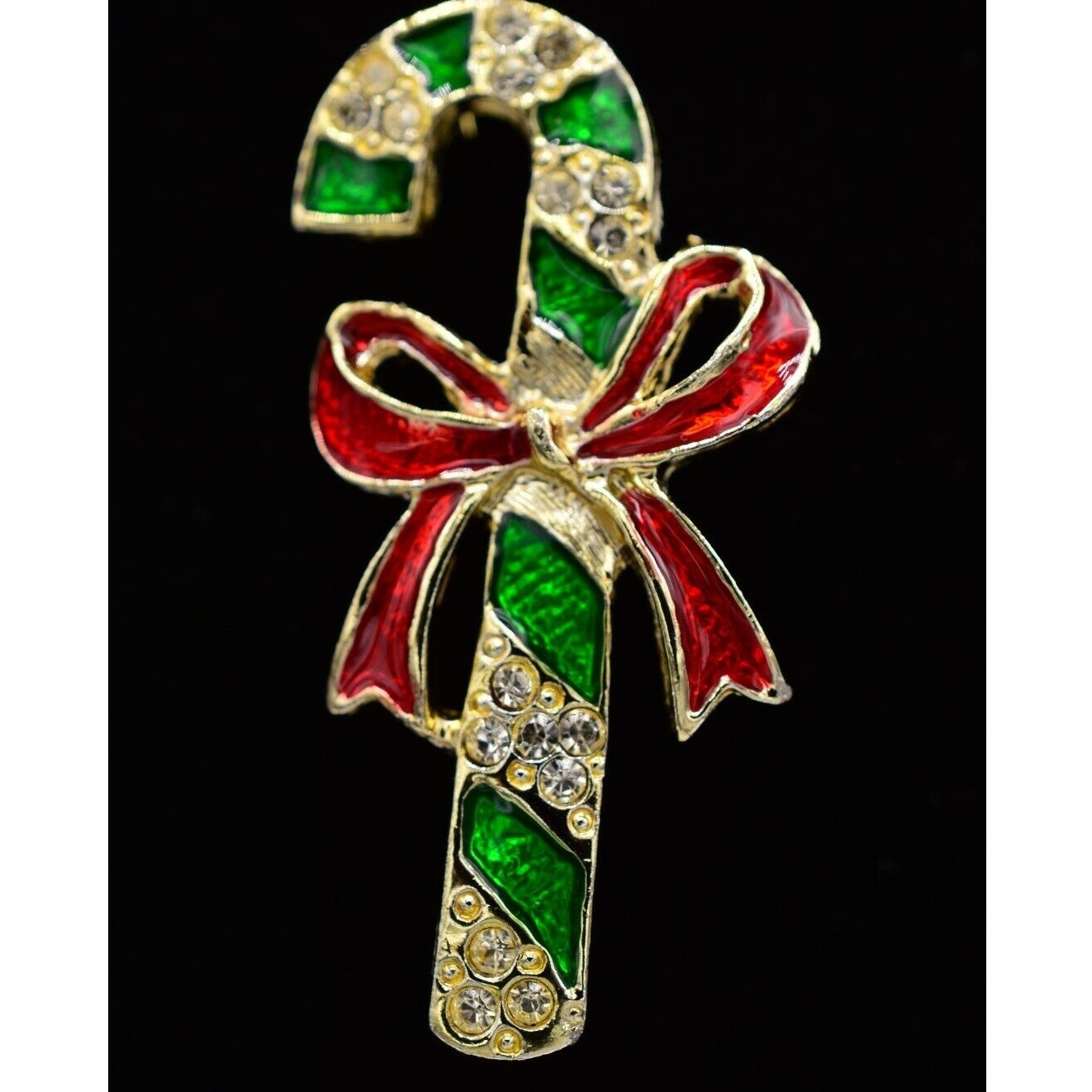 Giovanni Vintage Christmas Candy Cane Brooch Pin Red Green Enamel Crystal Binj